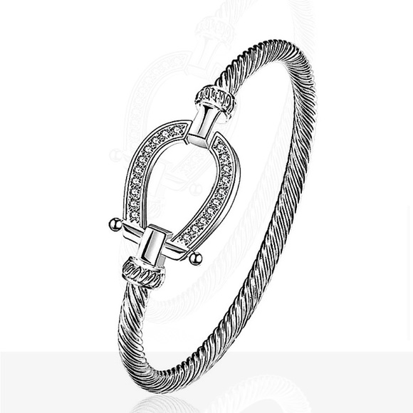 STERLING SILVER ZIRCON HORSESHOE BANGLE BRACELET - Picture 4 of 7